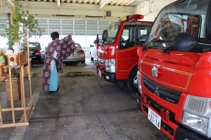 外ヶ浜町消防蟹田第7、9分団の小型動力ポンプ付積載車入魂祭